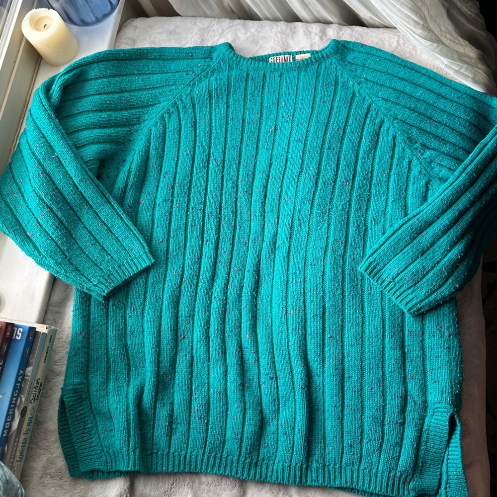 Whimsical Grandma Core Teal Pink Dots Knit Sweater Vintage